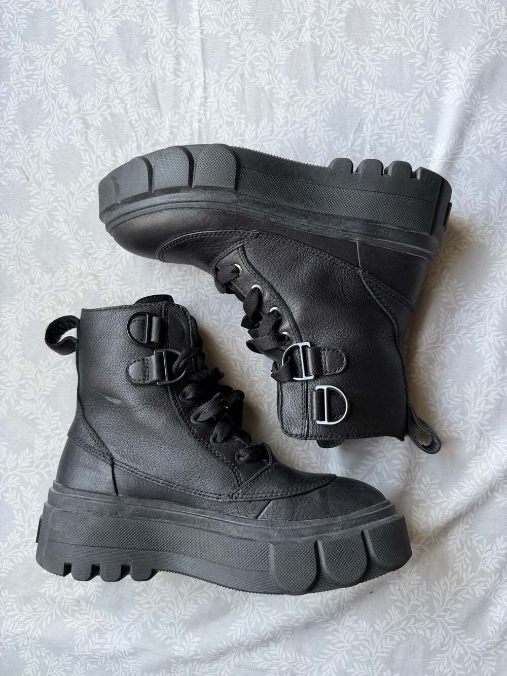 Sorel Black Leather Platform Combat Boots